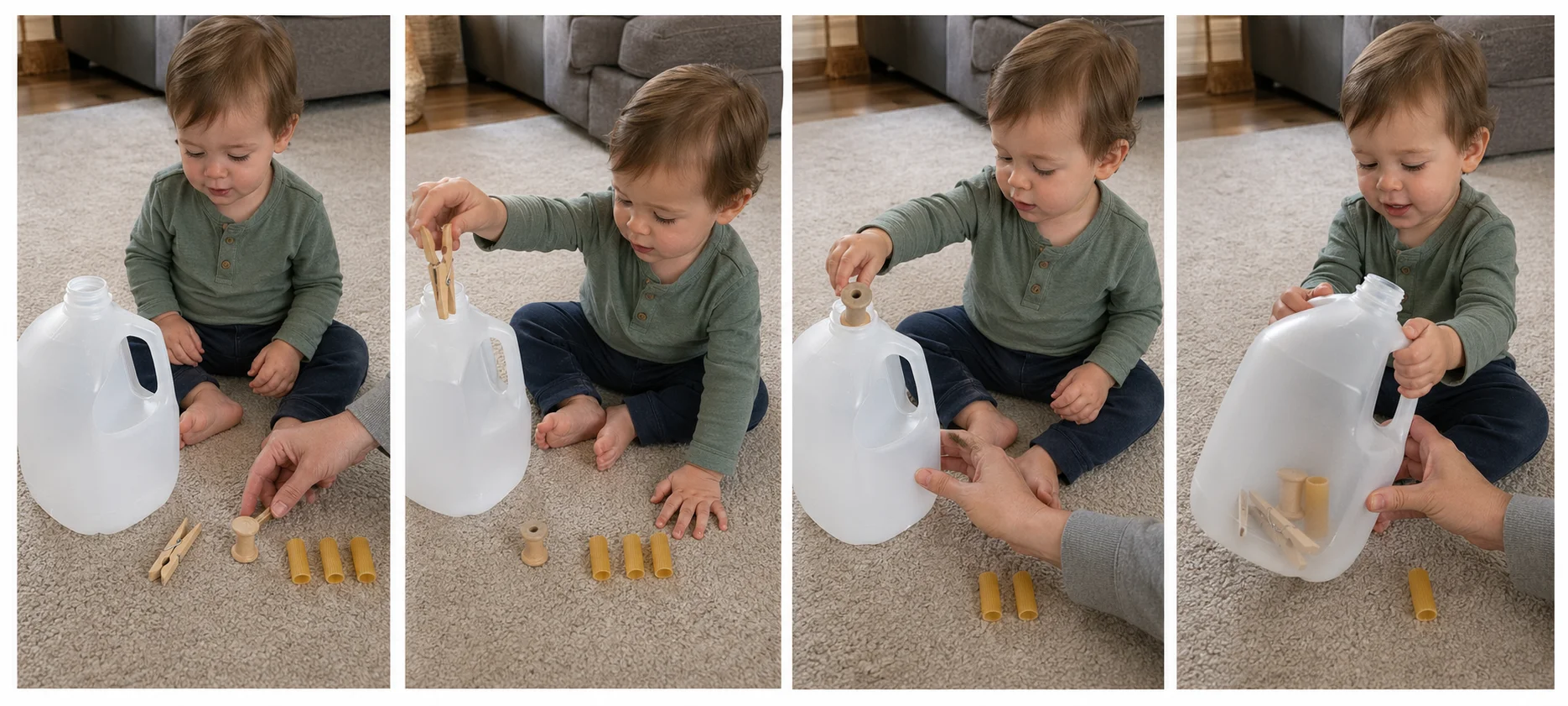 Four panels showing a toddler setting up a milk jug drop game, watching one modeled drop, dropping a spool, and shaking the jug with help.