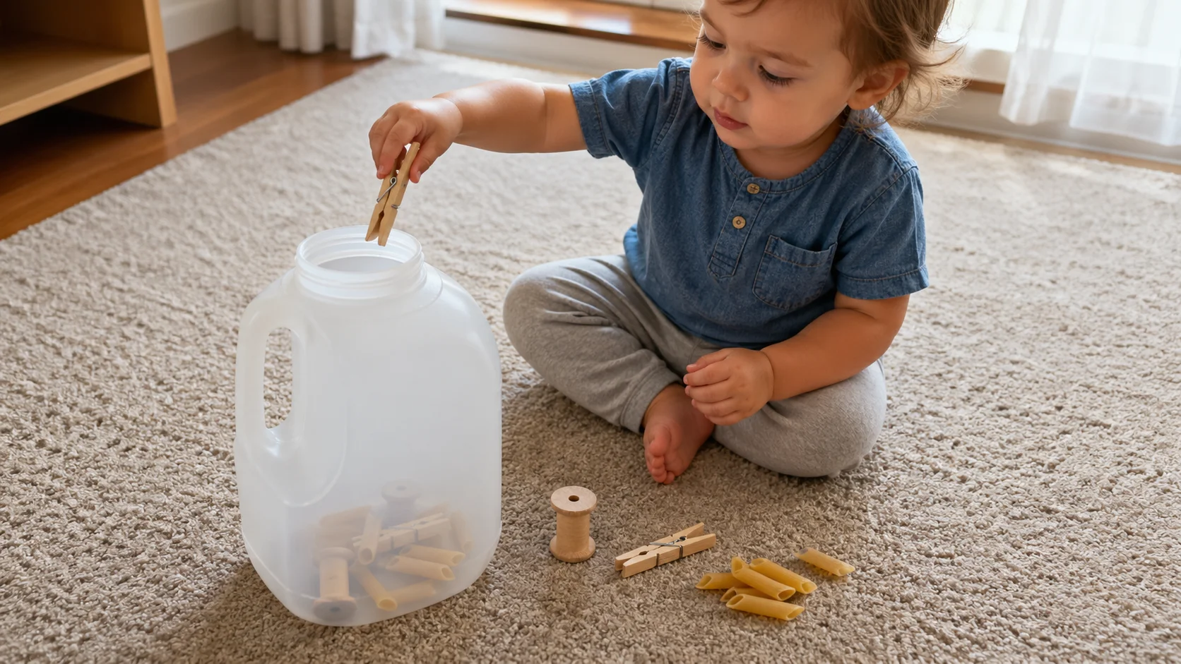 A toddler seated on the floor dropping a clothespin into a wide milk jug opening beside a small pile of pasta and a spool.