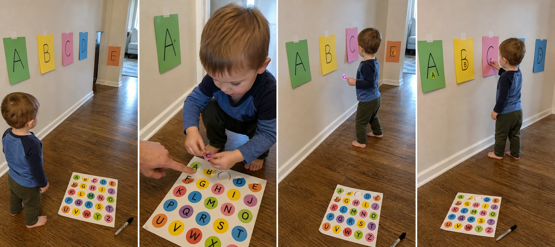 Four panels showing paper letters taped up, a child peeling one dot sticker, finding the matching letter, and pressing it onto the paper.