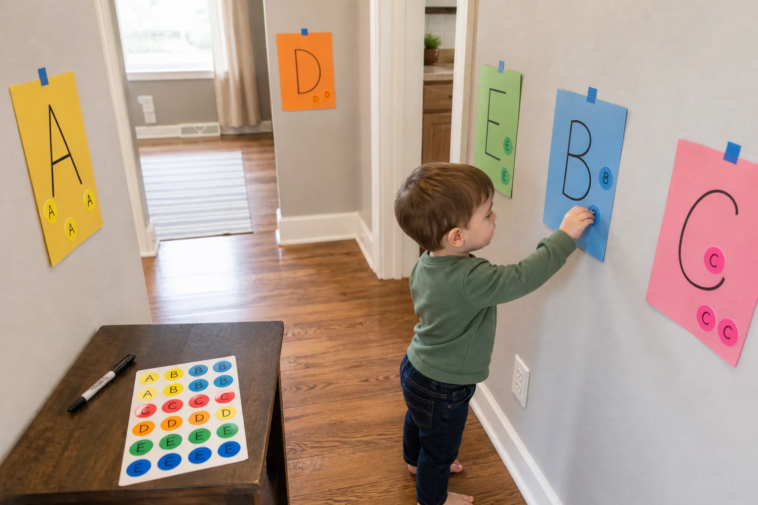 A child pressing a lettered dot sticker onto a matching paper letter taped at child height in a hallway.