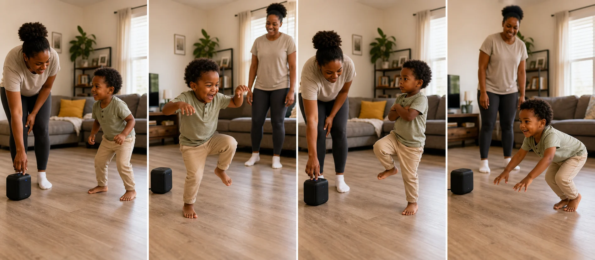 A multi-panel play sequence showing a grown-up starting music, a toddler moving like an animal, freezing when the music stops, and restarting with a new animal.
