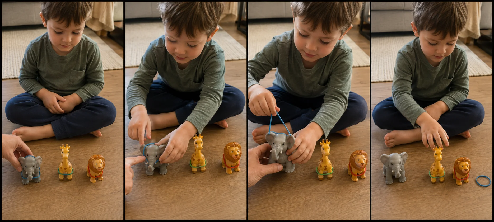 Four panels showing a grown-up setting out banded toy animals, a child pulling one band free, placing the band on a clear spot, and choosing the next animal.