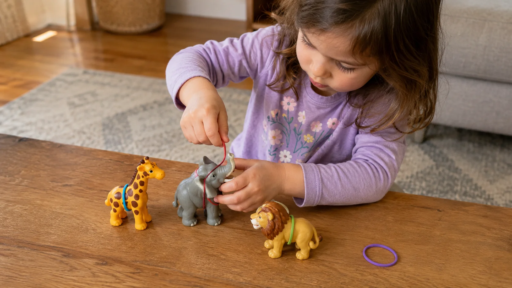 A child pulling a loose rubber band off a plastic toy animal while two banded animals wait on the table.
