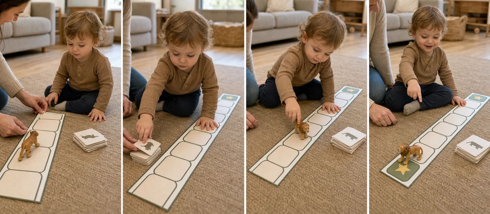 Four panels showing a grown-up setting out a short path and cards, placing the animal at the start, a child choosing a card, and the child moving the animal to the finish.