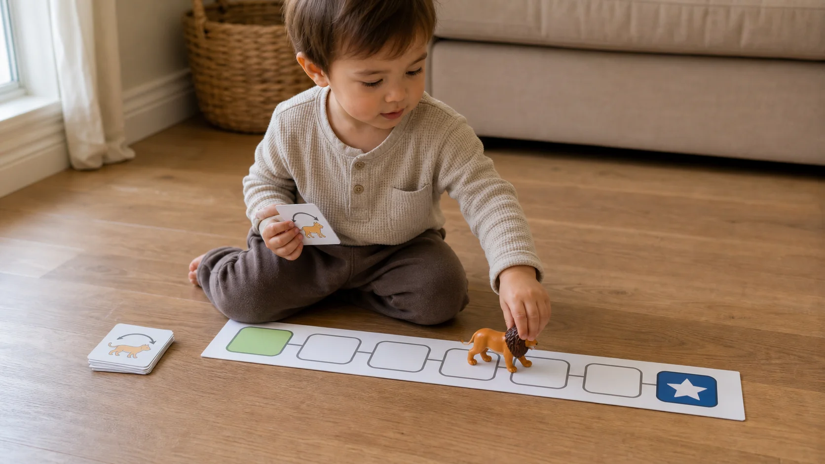 A toddler sitting at a low table and moving a small toy animal along a simple path board with move cards nearby.