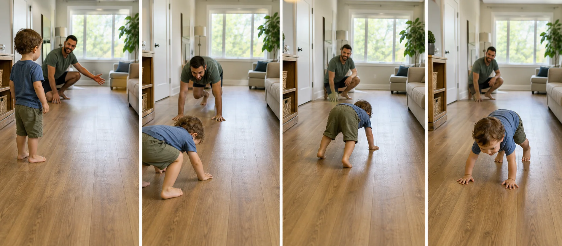 A multi-panel sequence showing a grown-up modeling an animal walk, a toddler crossing the floor path, turning around, and coming back.