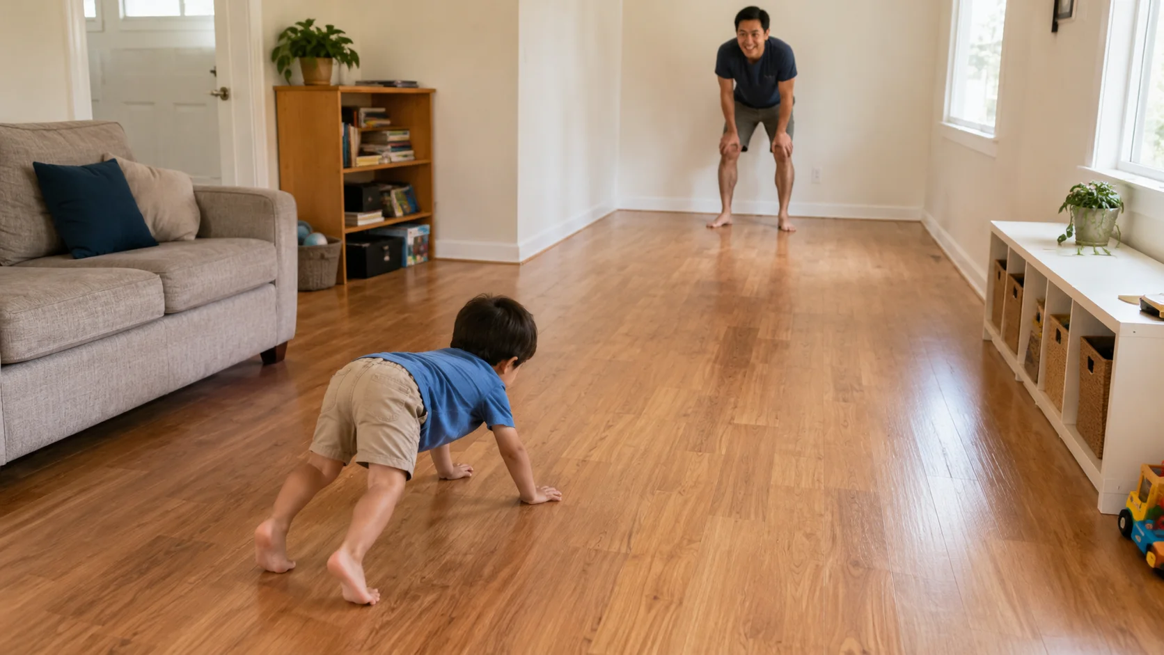 A toddler bear walking across a clear indoor floor path while a grown-up models the move from the far end.