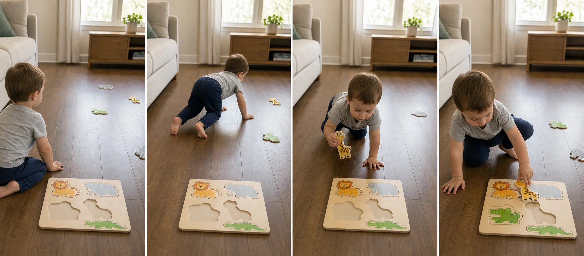A multi-panel sequence showing puzzle pieces scattered around a room, a grown-up modeling the game, a toddler crawling or animal walking to one piece, and the child fitting it into the puzzle.