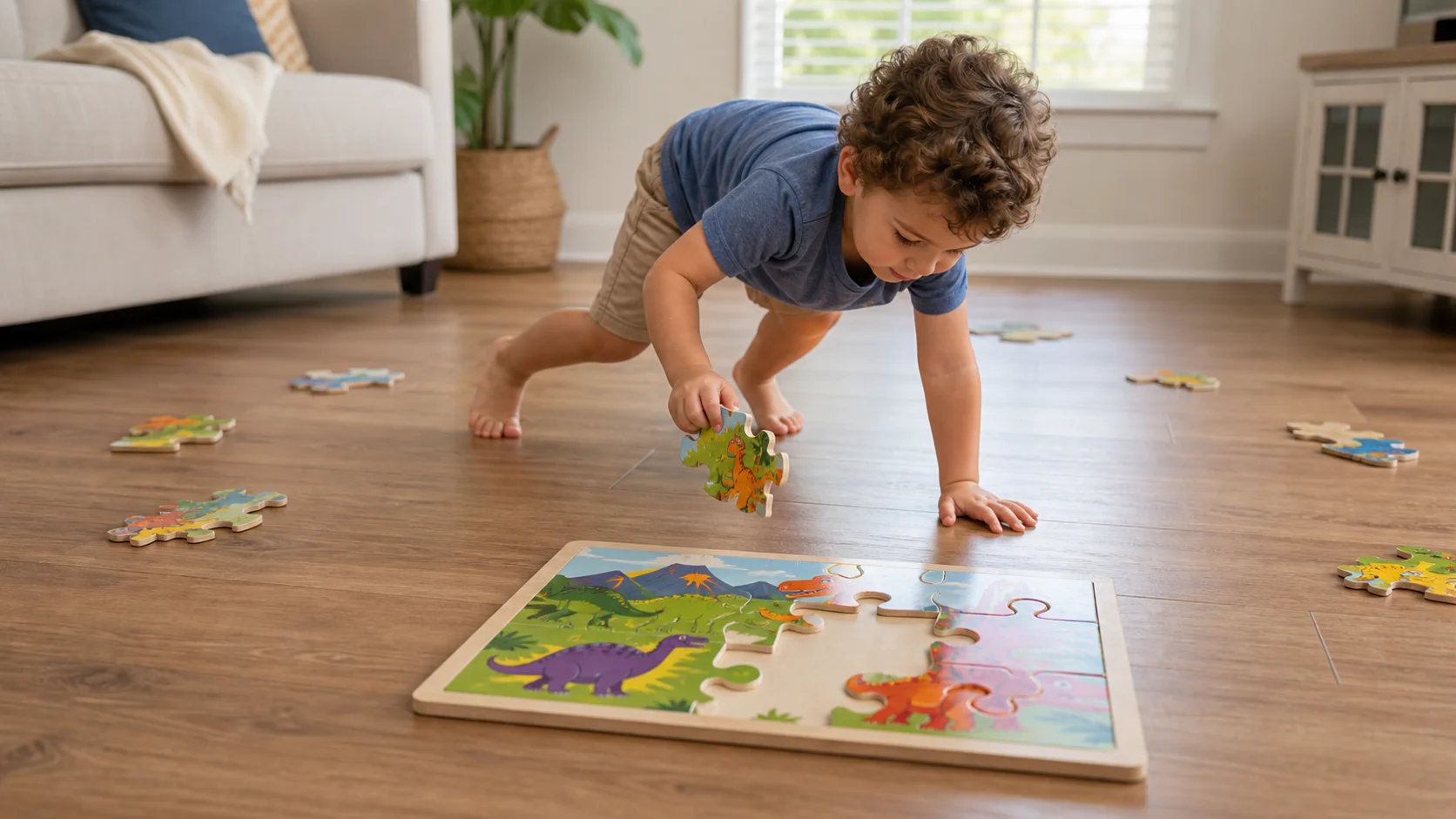 A toddler bear walking across a living room floor while carrying one chunky puzzle piece back to a floor puzzle.