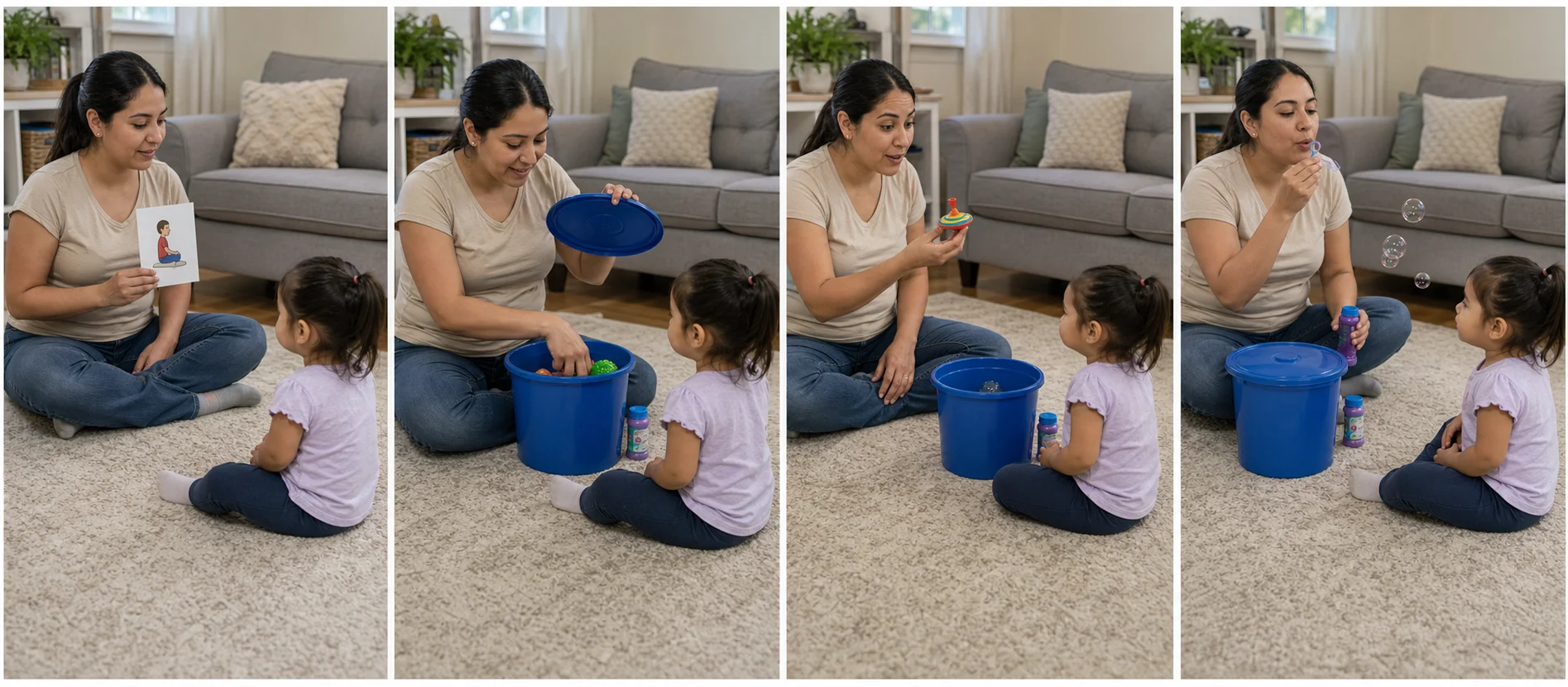 Four panels showing a grown-up filling a bucket, showing a sit cue, revealing one item to a waiting toddler, and ending with a quick reward activity.