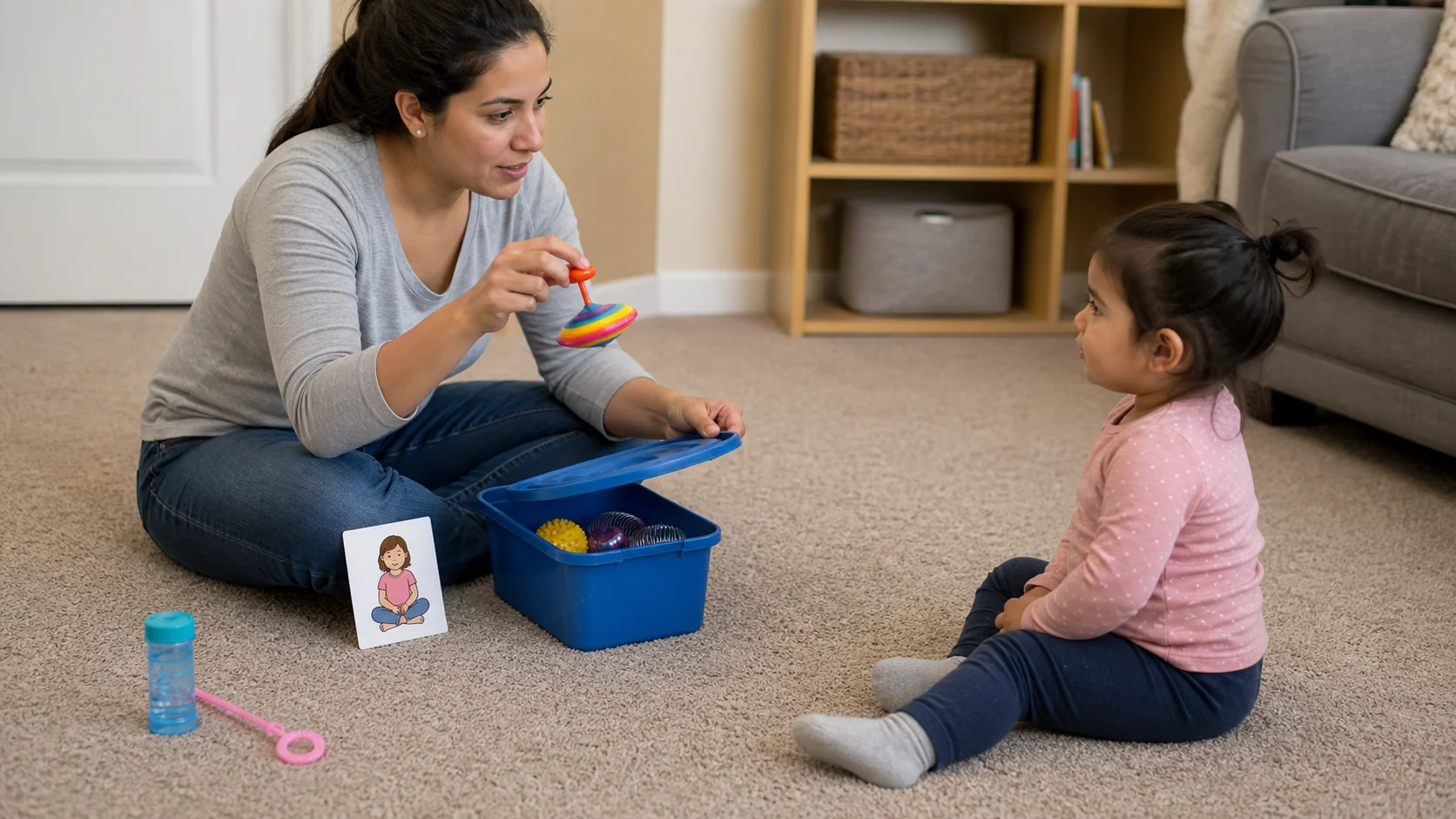 A grown-up sitting across from a toddler and pulling one interesting toy from a small bucket while the child watches closely.