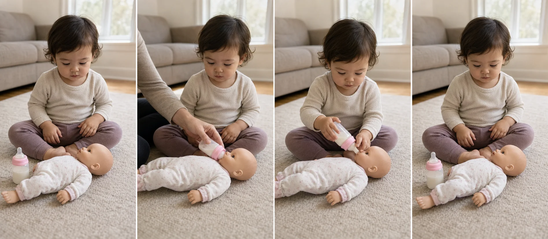 Four panels showing a doll and bottle on the floor, a grown-up feeding the doll once, a toddler copying the feeding turn, and the bottle being set back beside the doll for another round.
