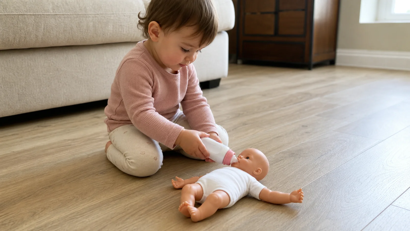 A toddler sitting on the floor holding a baby bottle to a baby doll's mouth while a grown-up beside them models the same feeding action.