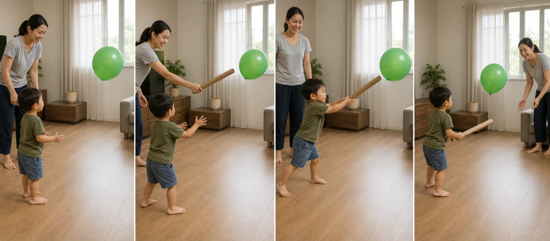 A multi-panel sequence showing a grown-up clearing space, modeling one balloon tap, a toddler hitting the balloon, and the balloon being reset to the middle.