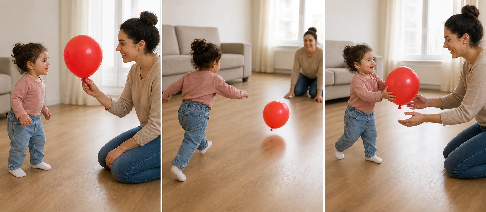 A three-step toddler balloon game showing a grown-up releasing a balloon, a child chasing it, and the balloon being brought back for another round.