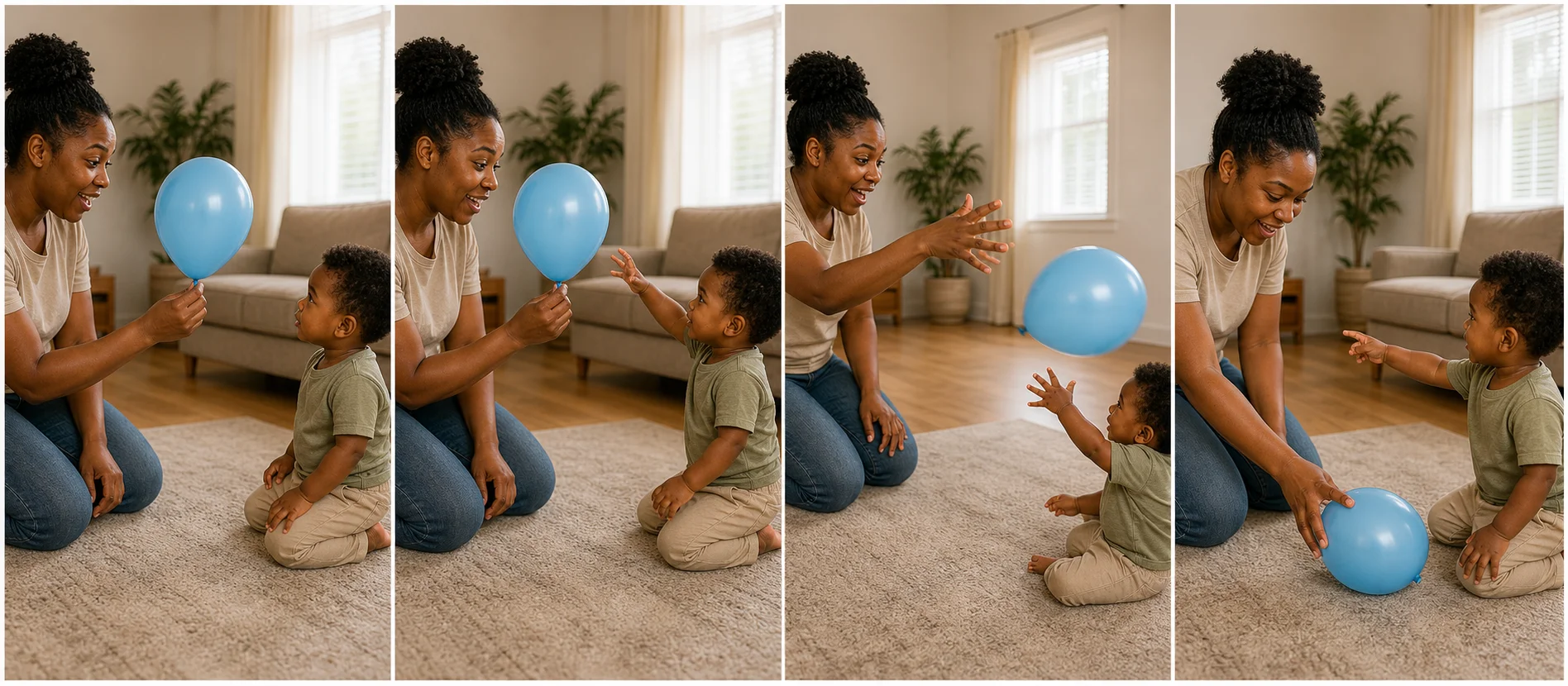 Four panels showing a grown-up holding a balloon, pausing at ready steady, a toddler signaling go, and the balloon flying across the room.