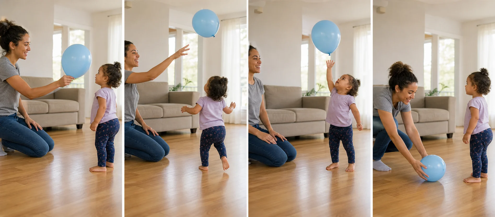 A multi-panel sequence showing a grown-up tapping a balloon up, a toddler chasing under it, tapping it, and starting another round after it lands.