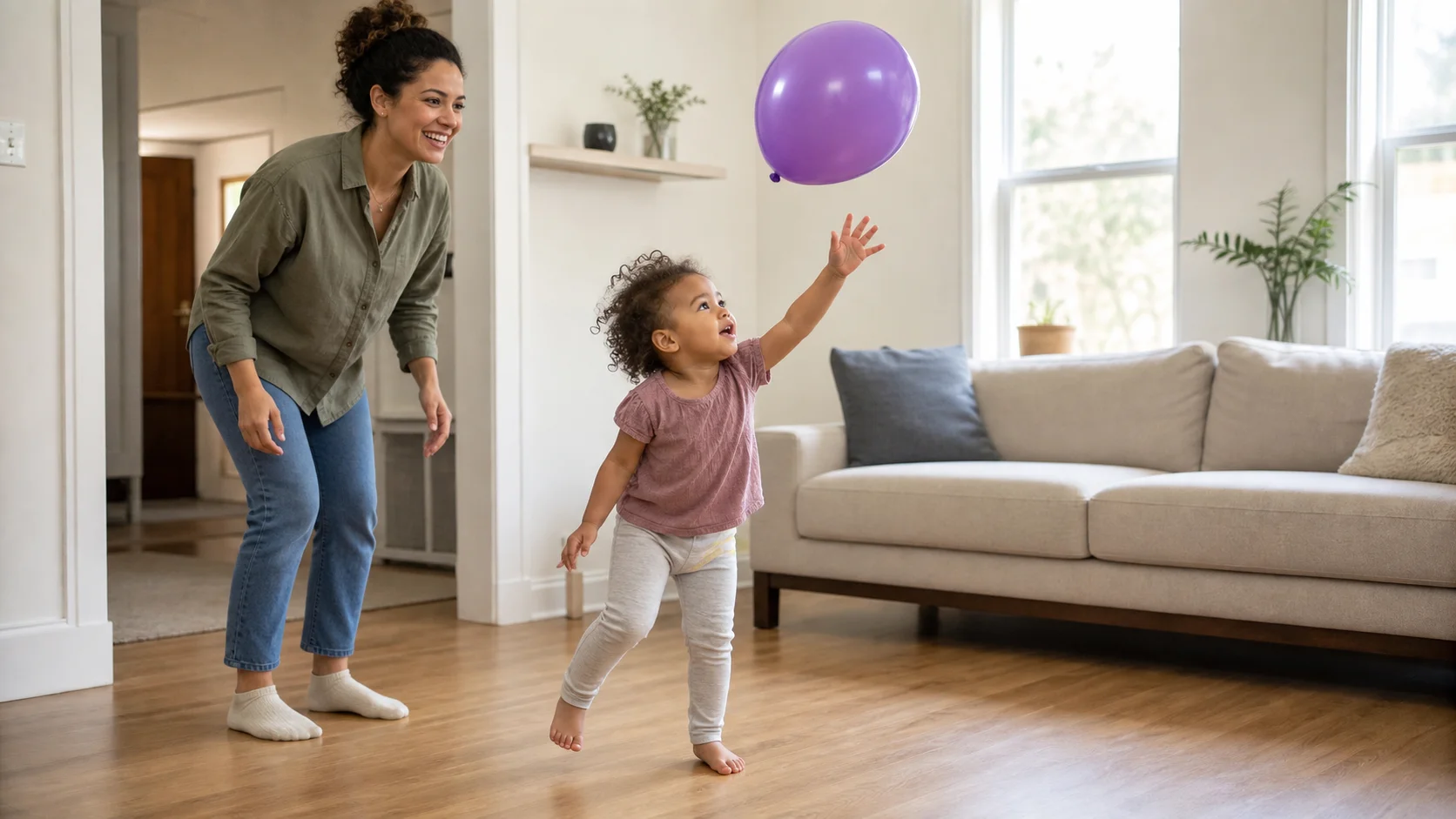 A toddler reaching up to tap a balloon in a clear indoor play space while a grown-up stays nearby.