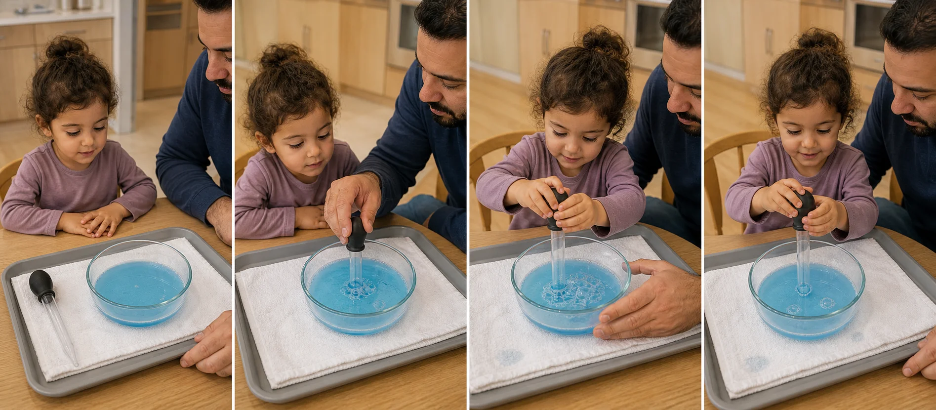 A multi-panel sequence showing the baster tip dipping into water, the child squeezing bubbles, and the bulb puffing out for another turn.
