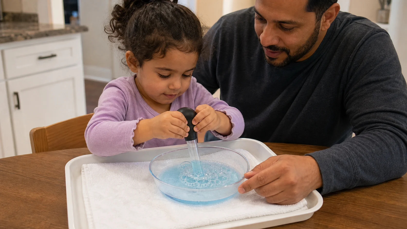 A grown-up supervises as a child squeezes a turkey baster into a shallow bowl of soapy colored water.