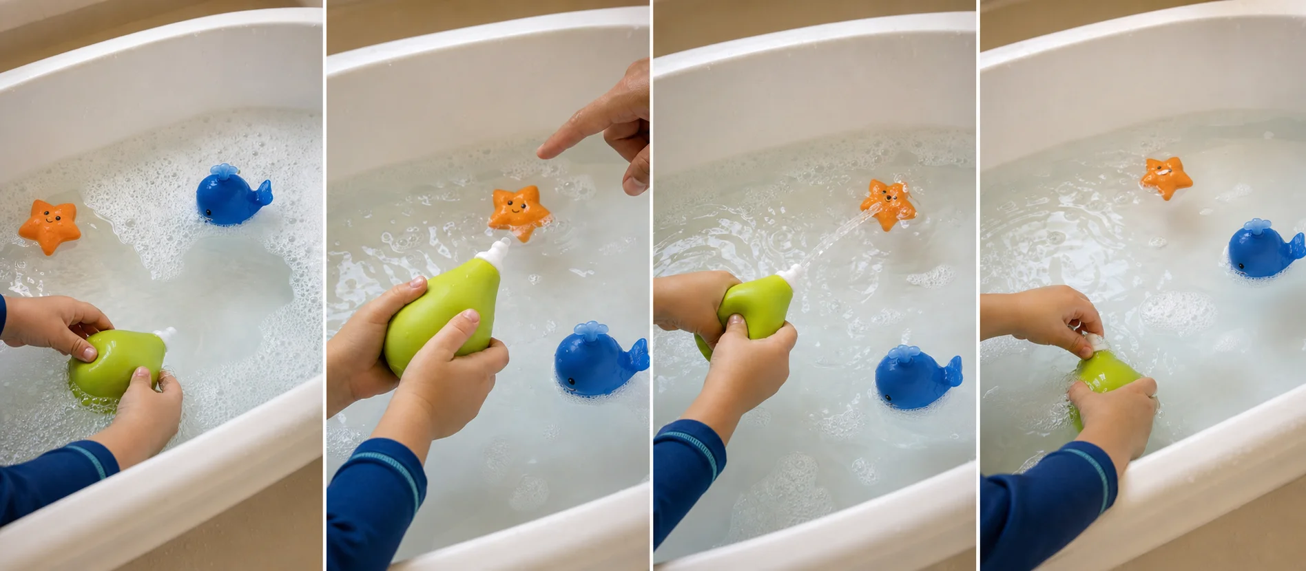 Four panels showing floating bath targets set out in the water, a grown-up modeling one squirt, a child aiming the squeeze tool at a target, and the target drifting before the next refill.