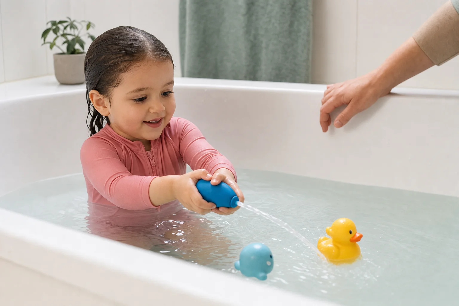 A toddler in the bath squeezing water at floating bath toys while a grown-up stays close beside the tub.