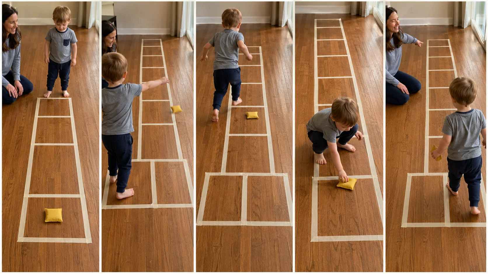 Four panels showing a child tossing a bean bag, stepping through taped squares, picking it up, and returning to the start.
