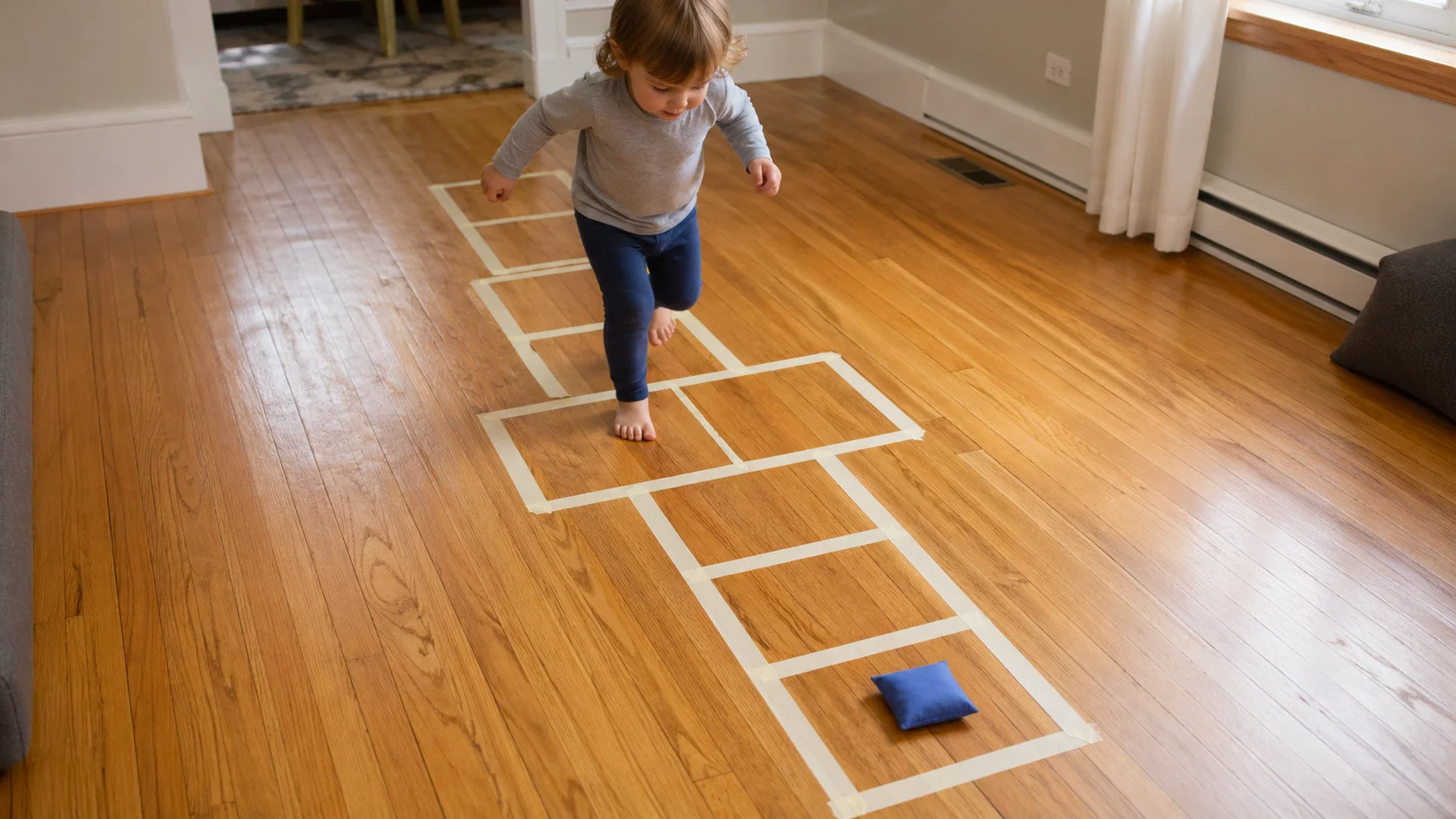 A child tossing a bean bag onto a masking-tape hopscotch path on an open indoor floor.