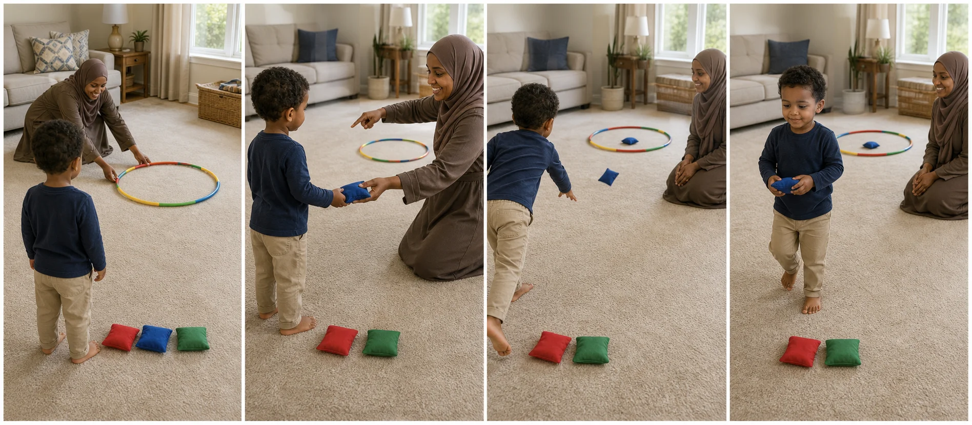 Four panels showing a grown-up setting out a target, handing over a beanbag, a child tossing toward the target, and both people bringing the beanbag back for another turn.
