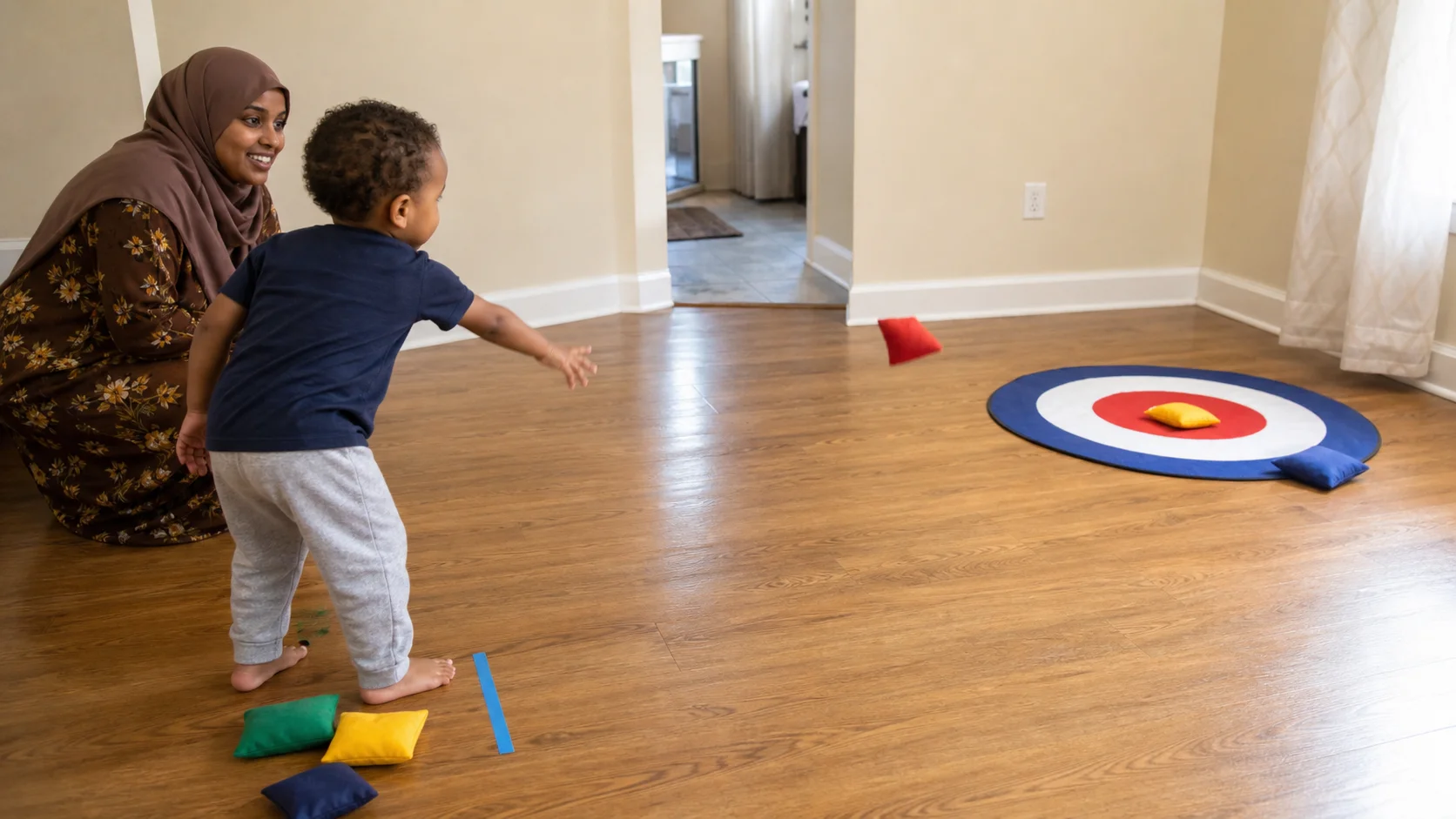 A young child standing in an open room and tossing a beanbag toward a nearby floor target while a grown-up watches.