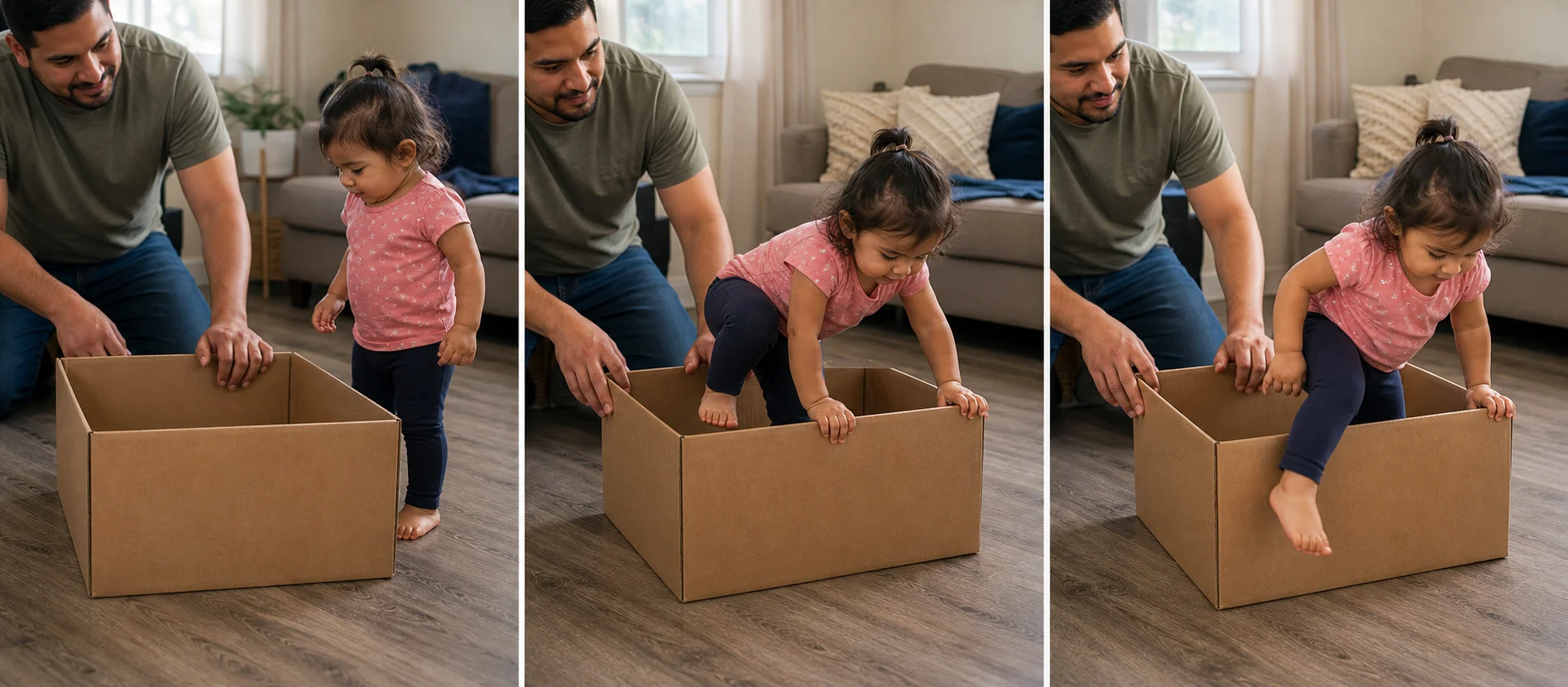 Three-panel sequence showing a grown-up setting out a large box, a toddler climbing into it, and the toddler climbing back out for another turn
