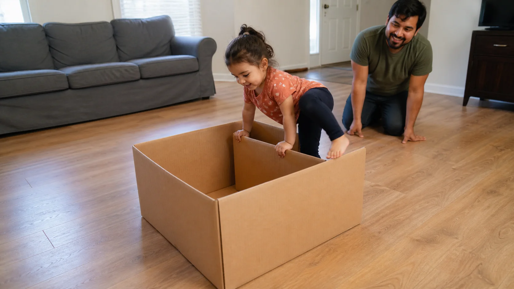 Toddler climbing into a large cardboard box on a clear living room floor while a grown-up stays close beside the box