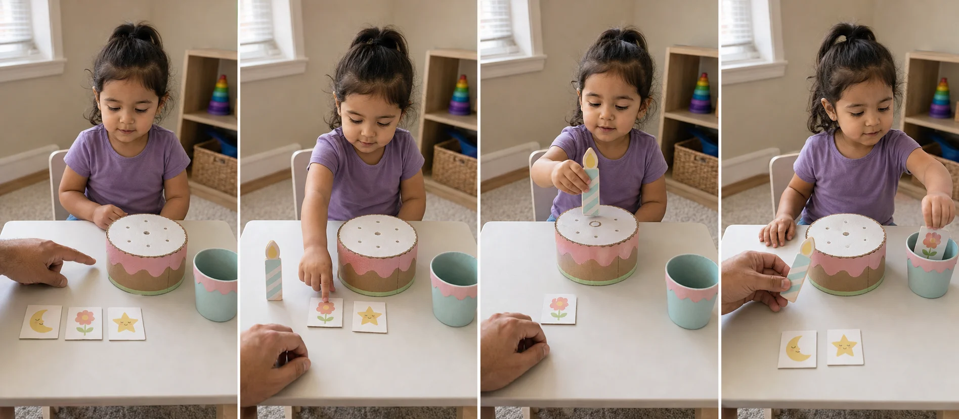 Four panels showing a toddler choosing a quiet card, placing the pretend candle, doing the calm turn, and dropping the card in the done cup.