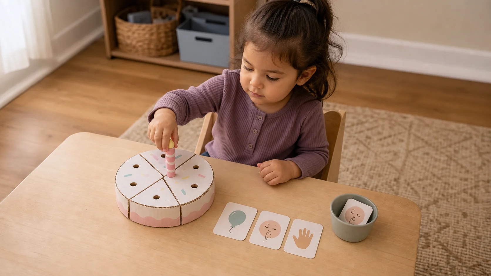 Toddler at a low table placing a pretend candle on a toy cake beside quiet-choice cards and a done cup.