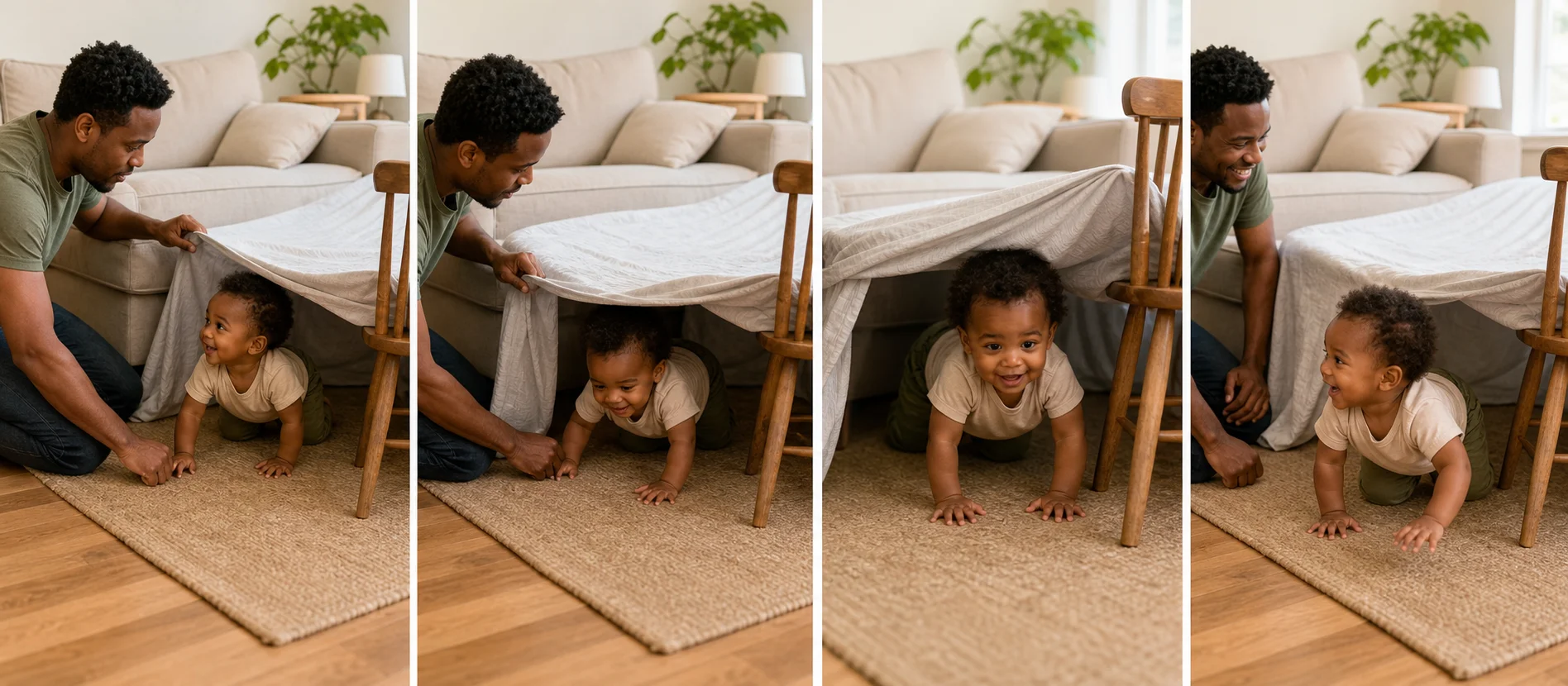 Four panels showing a grown-up setting up a blanket fort, a child crawling in, crawling back out, and starting another turn.
