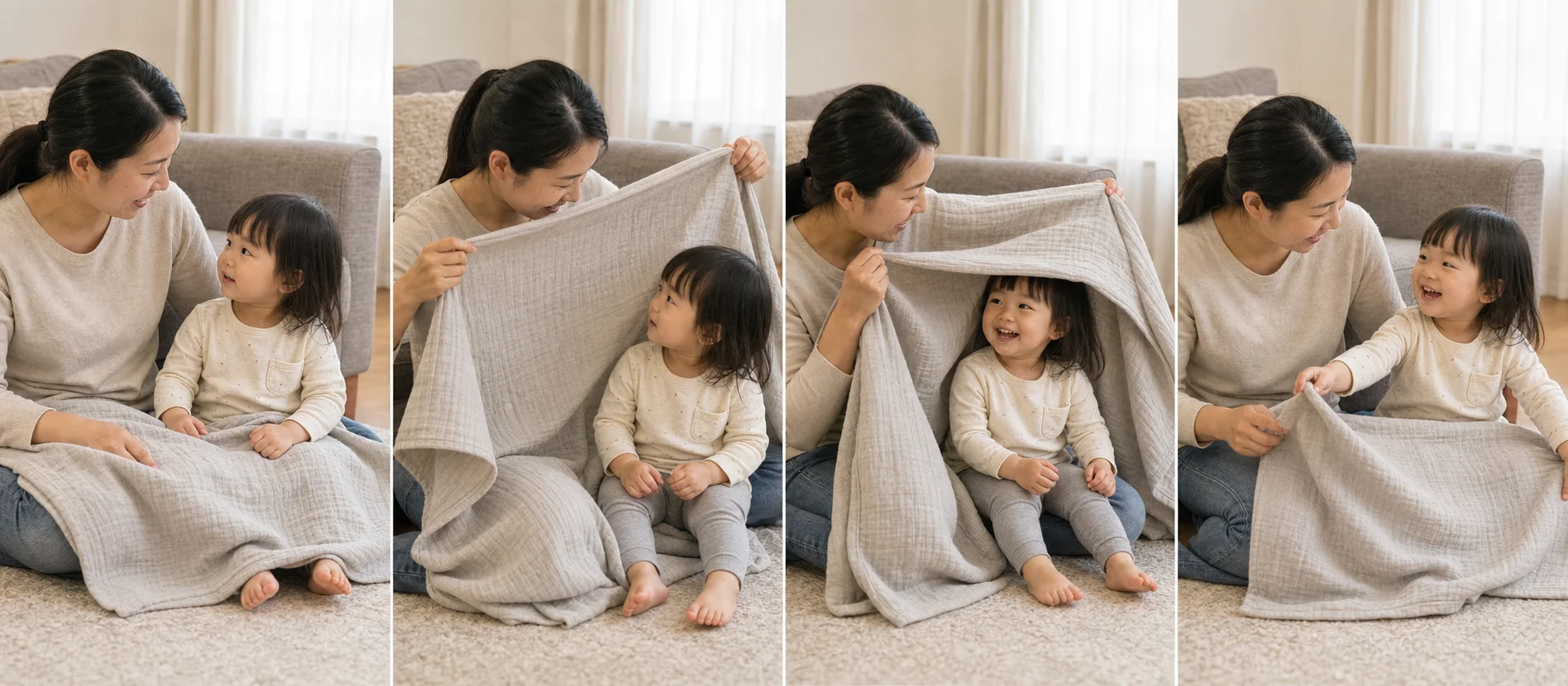 A multi-panel sequence showing a grown-up lifting a blanket, pausing for one quick beat, revealing the toddler, and resetting for another turn.