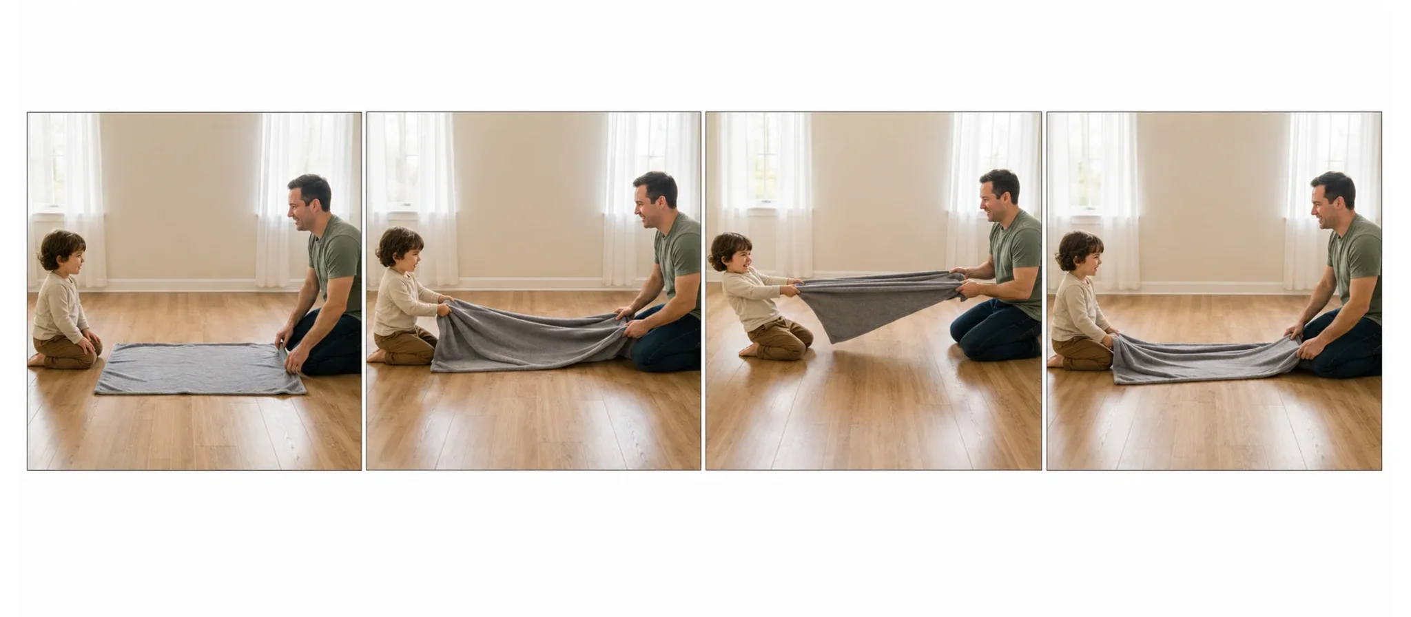 Four panels showing a grown-up clearing floor space, handing over one blanket end, the child pulling gently, and both people stopping to reset.