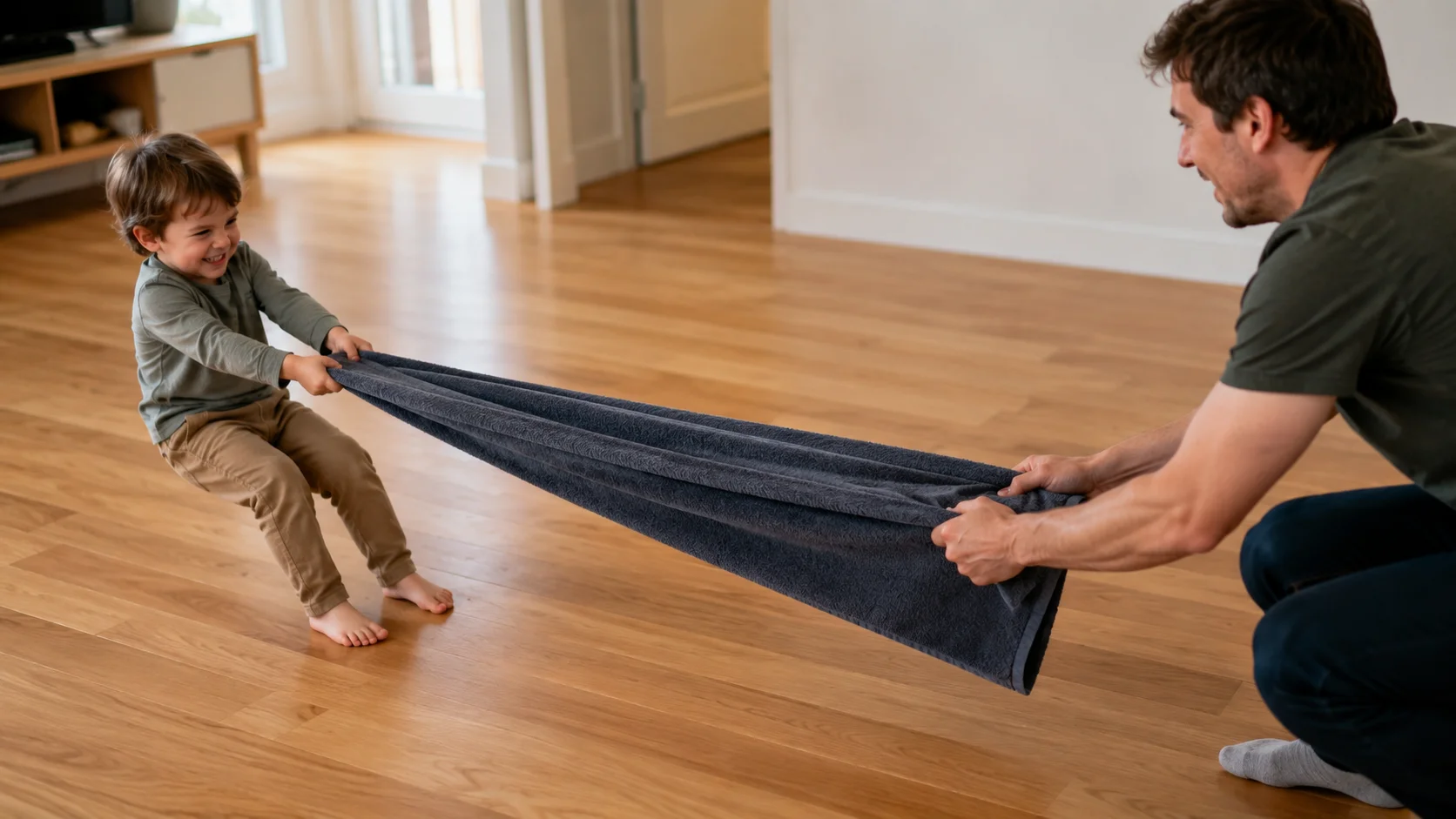 A child and grown-up facing each other on the floor while each holds one end of a soft blanket for a gentle tug.