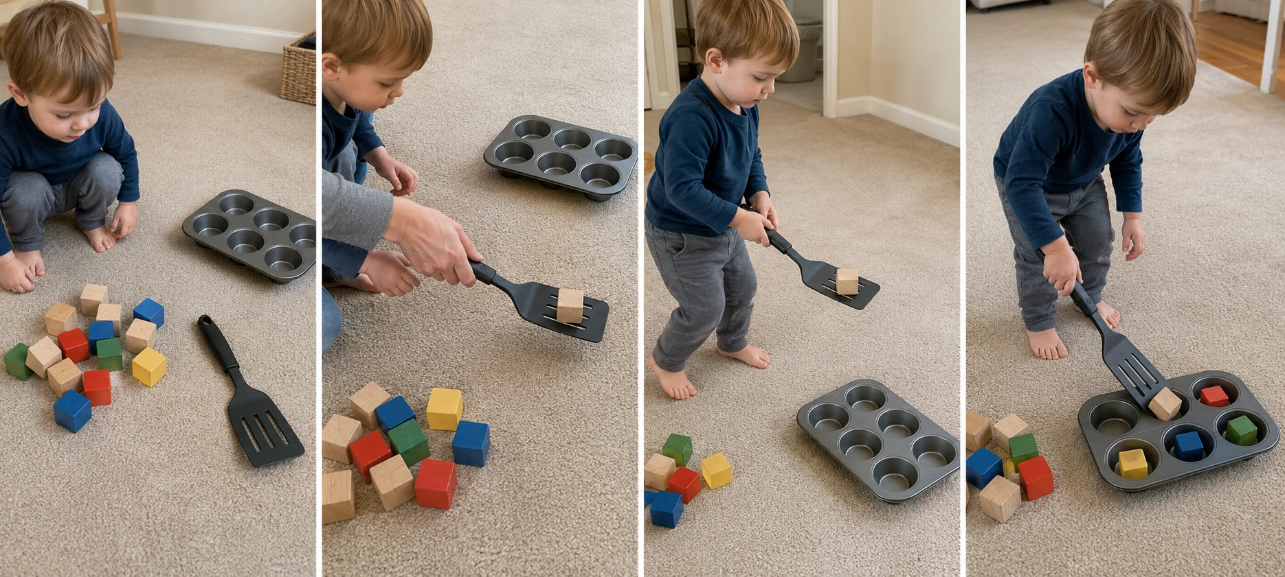 Four panels showing blocks beside a spatula, a grown-up modeling one carry, a child walking a block to a muffin tin, and the block dropping into a cup.