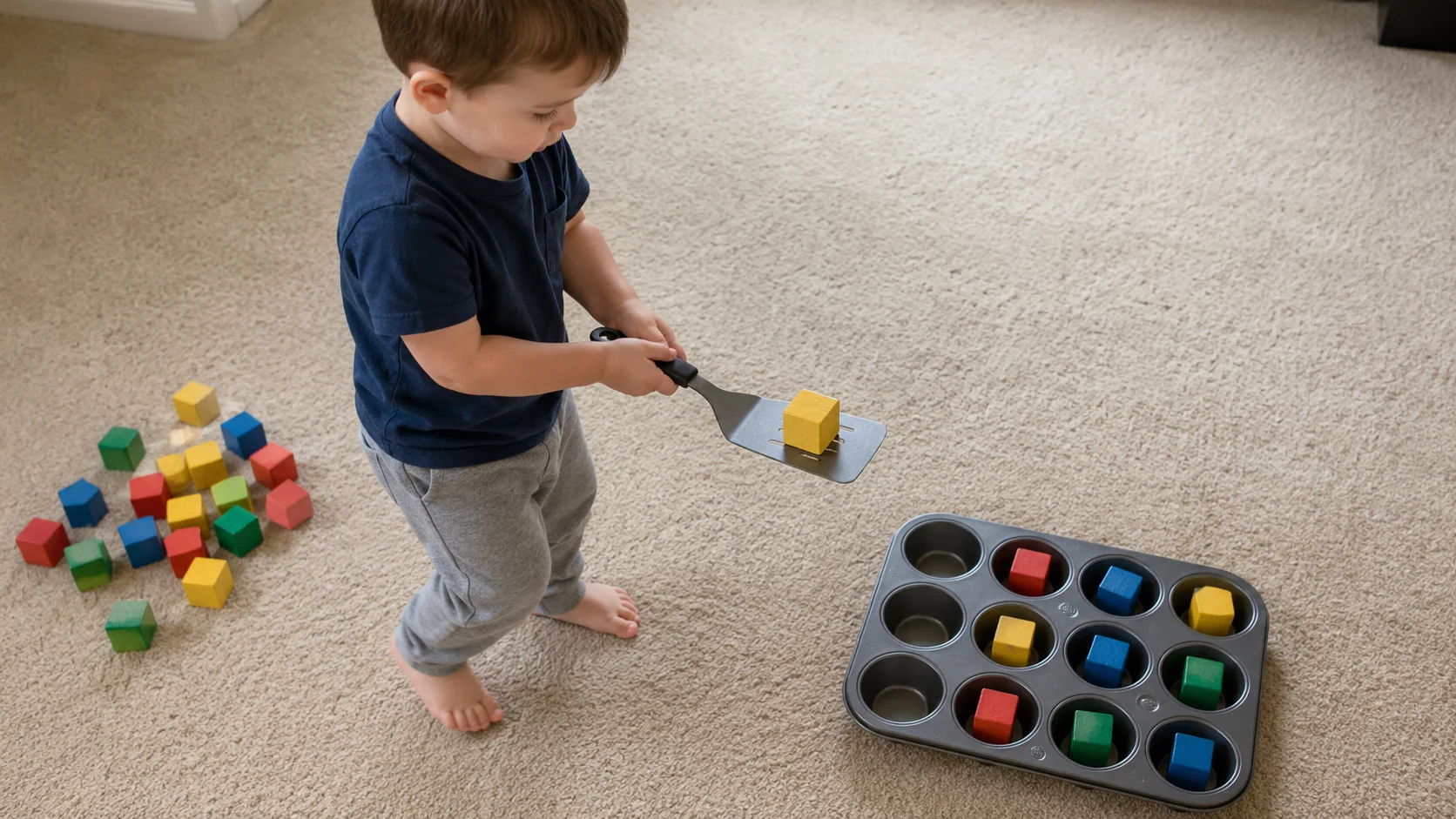 A child carrying a block on a spatula toward a muffin tin on the floor.