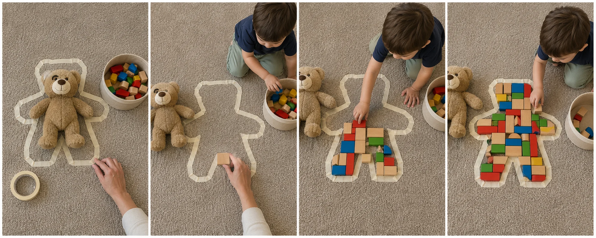 Four panels showing a stuffed toy outlined with tape, the toy moved aside, a child placing blocks inside the shape, and the outline filling with blocks.