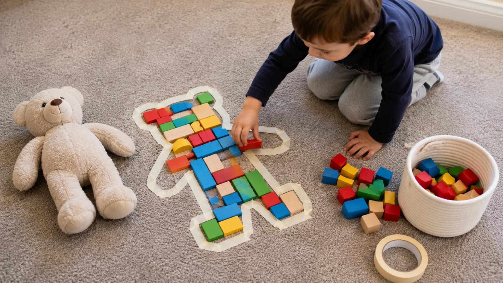 A child placing blocks inside a masking-tape outline of a stuffed toy on the floor.