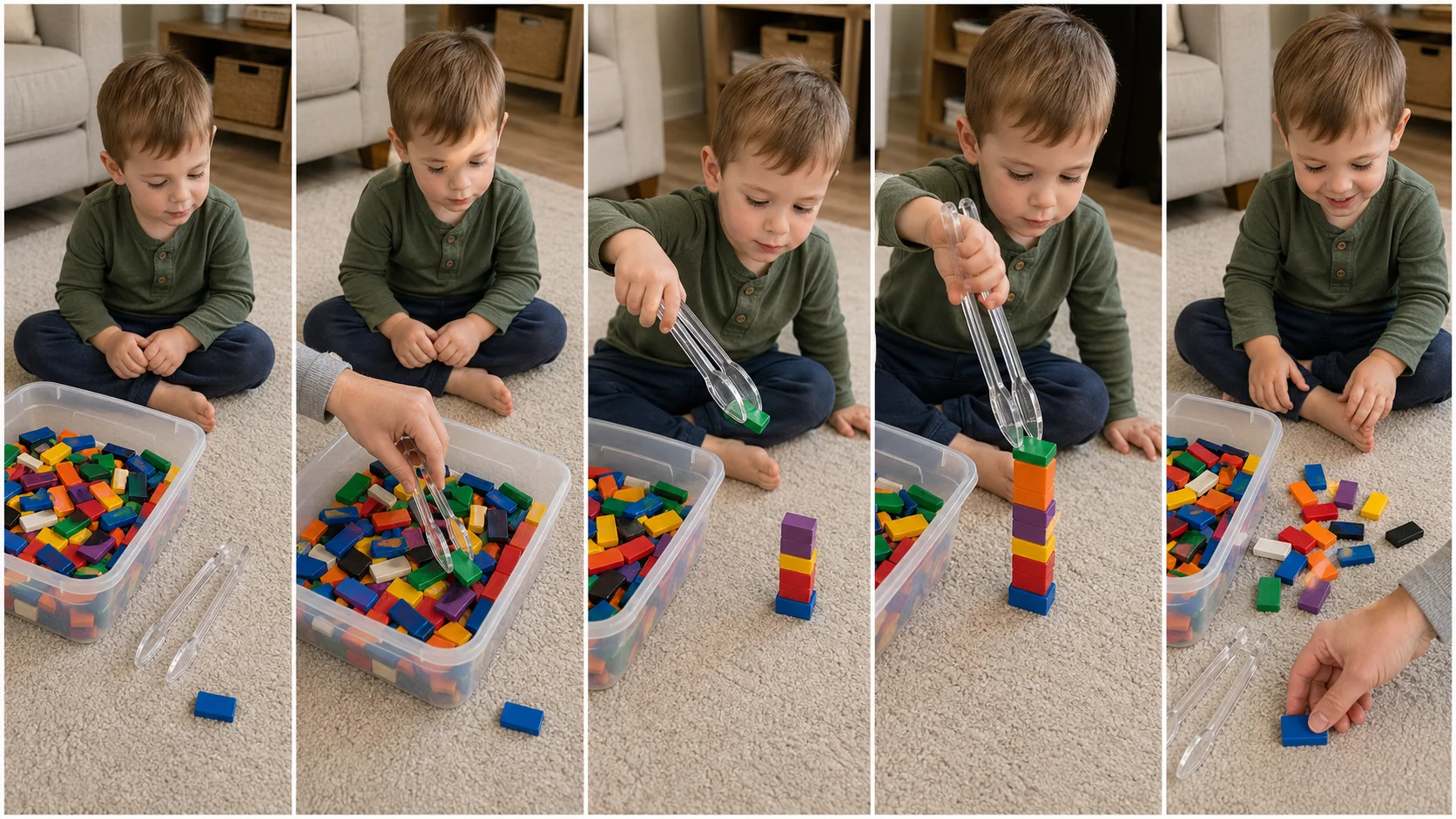 Four panels showing blocks in a tub, a grown-up modeling one tong grab, a child placing a block on a tower, and the tower falling before a reset.