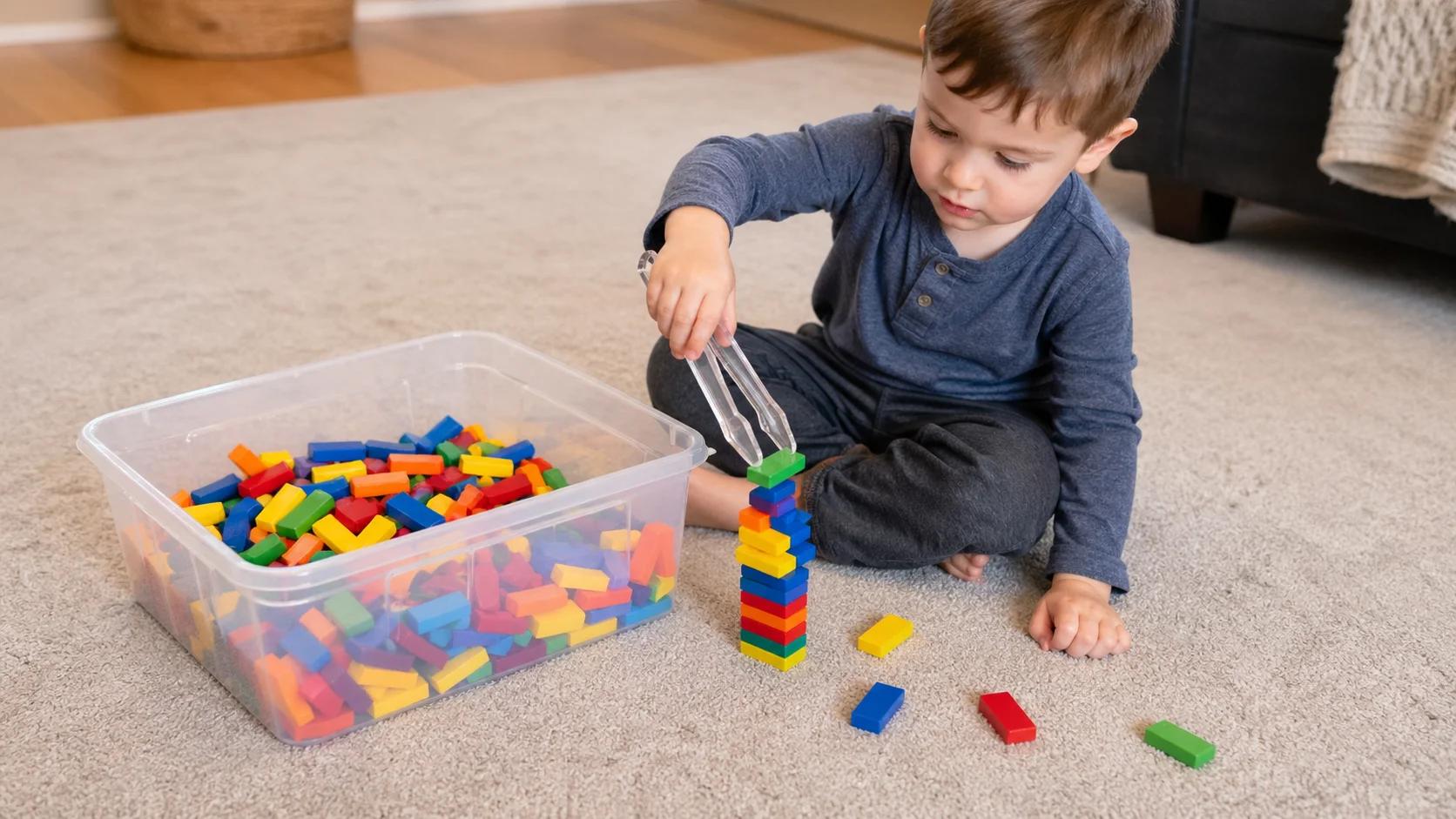 A child using plastic tongs to place a block on top of a small tower beside a tub of blocks.