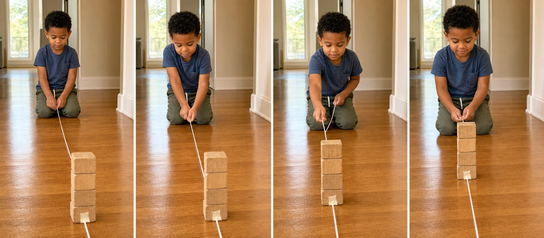 Panels show a grown-up taping string to a block tower, a child pulling slowly, the tower wobbling, and a successful rescue reset.