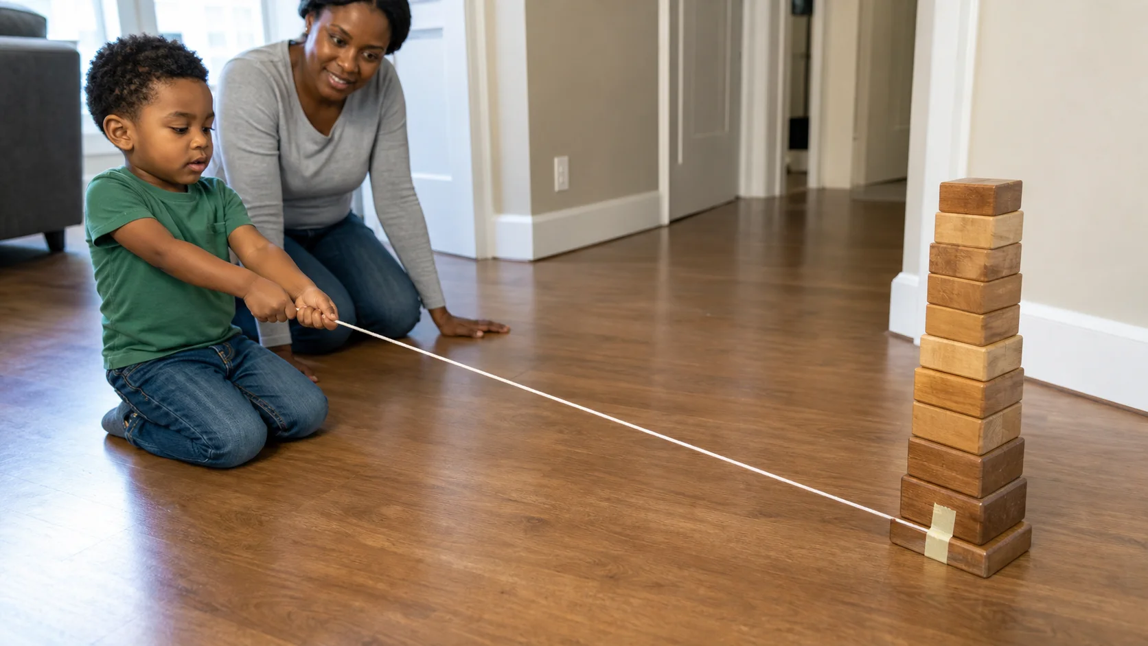 Preschool child kneeling on a smooth floor and slowly pulling a string attached to a block tower.