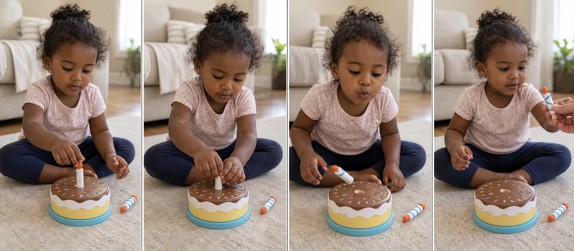 Four panels showing a toy birthday cake set out with one candle, a grown-up modeling the candle-on step, a toddler blowing the candle off, and the same candle being reset for another round.