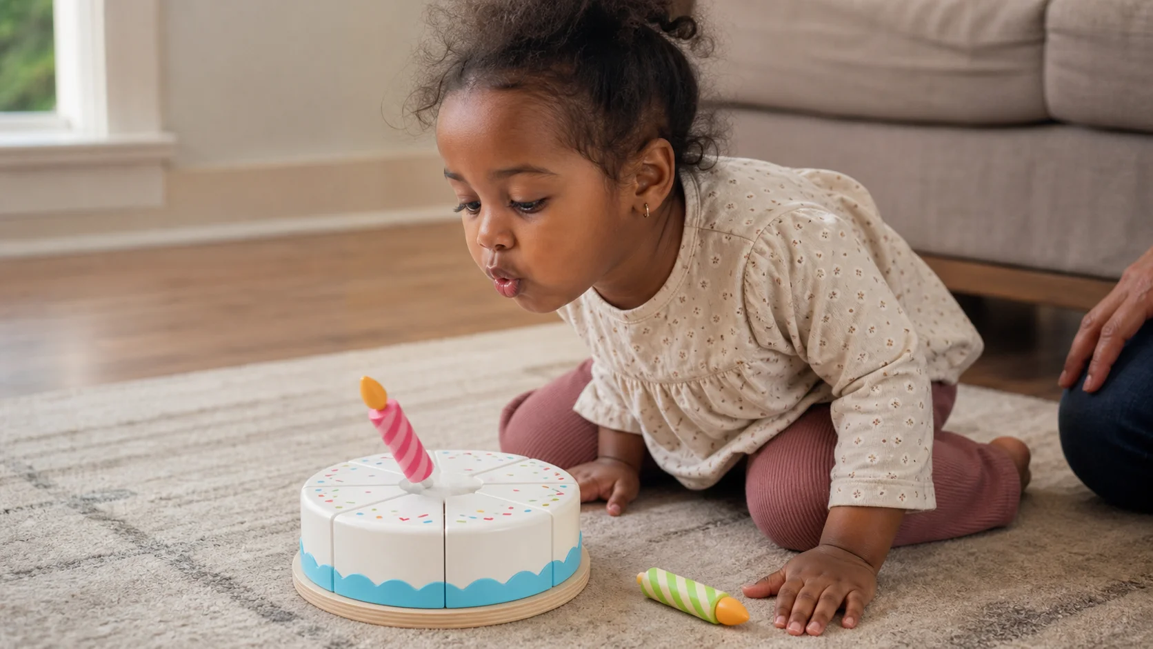 A toddler sitting on the floor and pressing a candle onto a toy birthday cake while a grown-up leans in nearby.