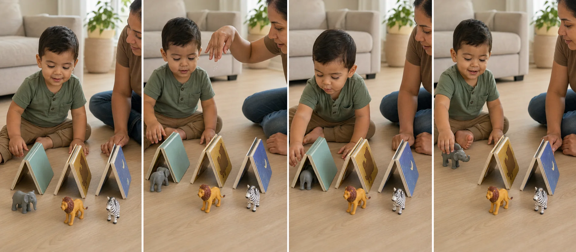Four panels showing board books turned into little houses, a grown-up making rain sounds, a toddler moving a toy animal under the book, and the toy coming back out for another round.