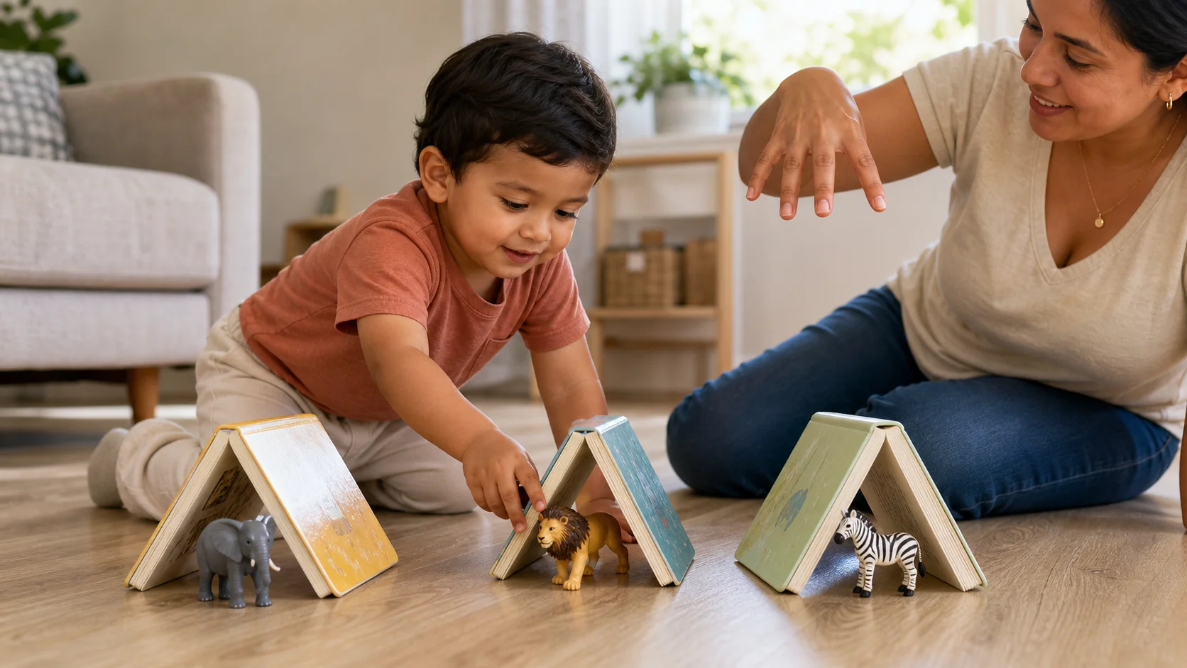 A toddler on the floor sliding a toy animal under an upside-down board book while a grown-up makes a gentle rain cue nearby.
